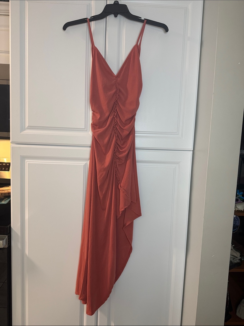 Free People Asymmetrical Ruched Slip Dress in Rust